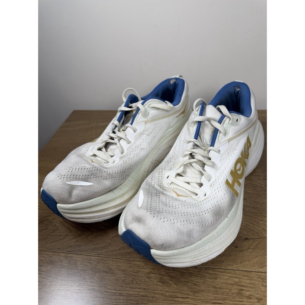 Hoka Bondi 8 Men’s Running Shoes White Blue Size 9.5 * No Insoles *